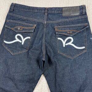 Rocawear Mens 36x32 Dark Embroidered Classic Fit Denim Blue Jeans Y2K Baggy